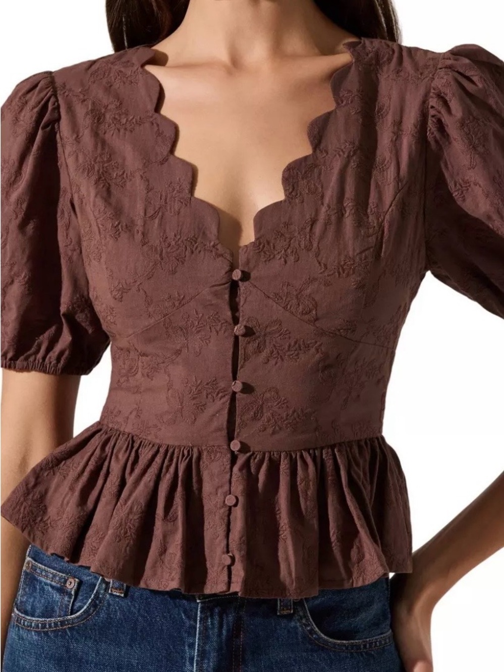 Astr Brown Embroidered Peplum Button-Front Top